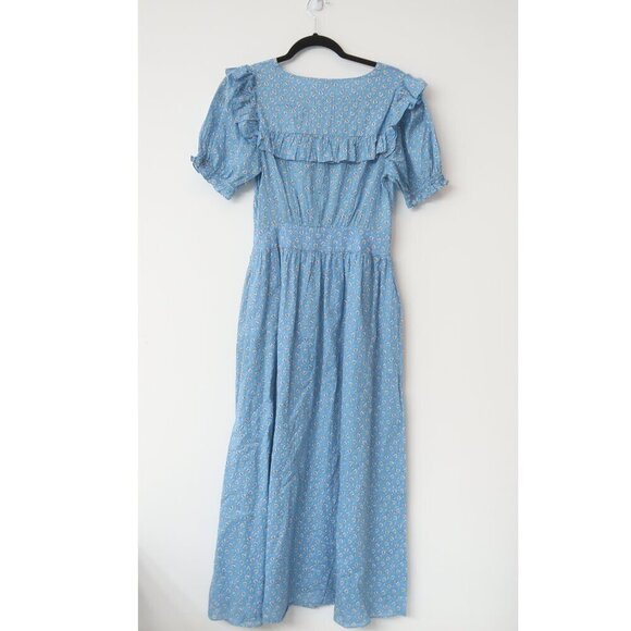 LoveShackFancy Floral Peasant Midi Dress Blue Short Sleeve Size 2 - Picture 2 of 8